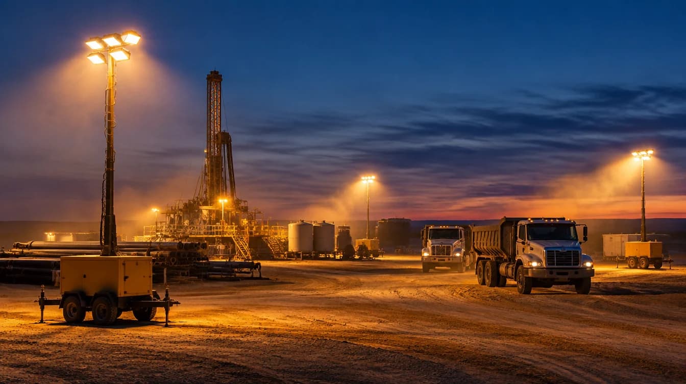 An oilfield site lit by portable work lights at dusk, with haul trucks on the pad