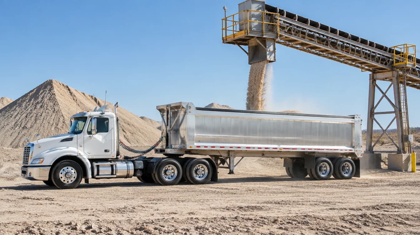 An end dump trailer being loaded with sand from an overhead conveyor at a transfer site
