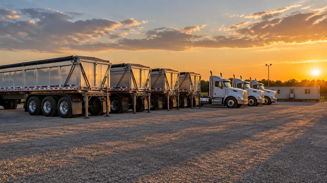 A row of end dump trailers and day cab tractors parked in a yard at sunset