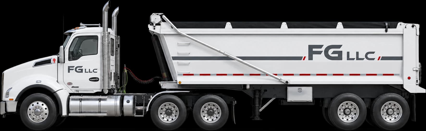 An FG LLC end dump truck, side view